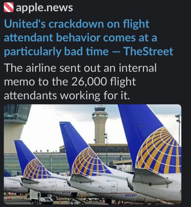 Screenshot of Apple News headline: "United's crackdown on flight attendant behavior comes at a particularly bad time — TheStreet"