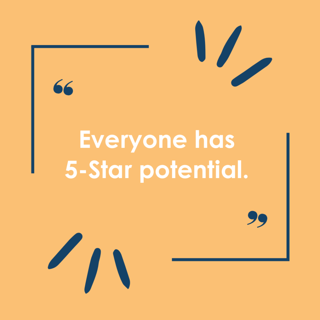 Inspirational quote on an orange background: "everyone has 5-star potential.