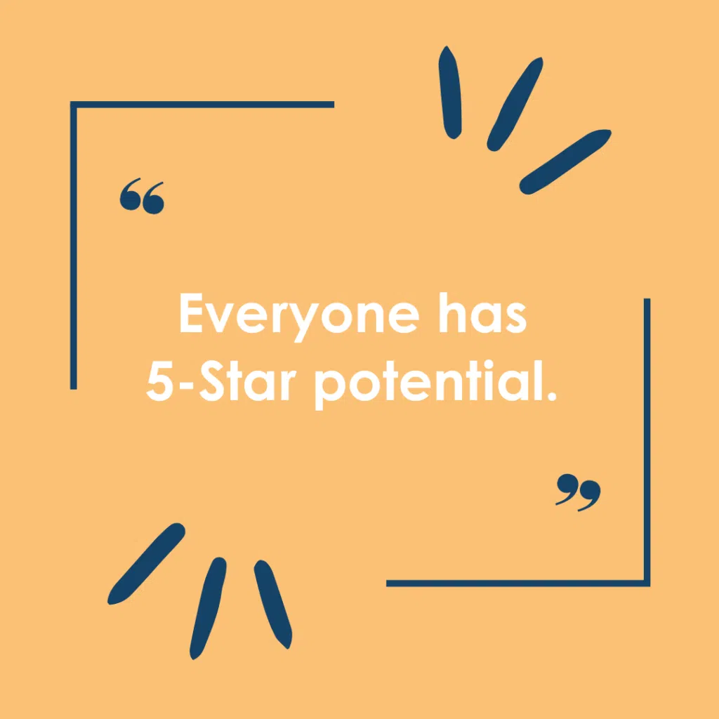 Inspirational quote on an orange background: "everyone has 5-star potential.