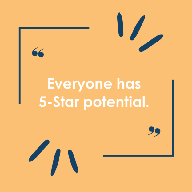 Inspirational quote on an orange background: "everyone has 5-star potential.