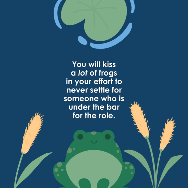 Illustration of a frog with wheat stalks and a horseshoe, featuring a motivational quote about perseverance in finding the right partner.