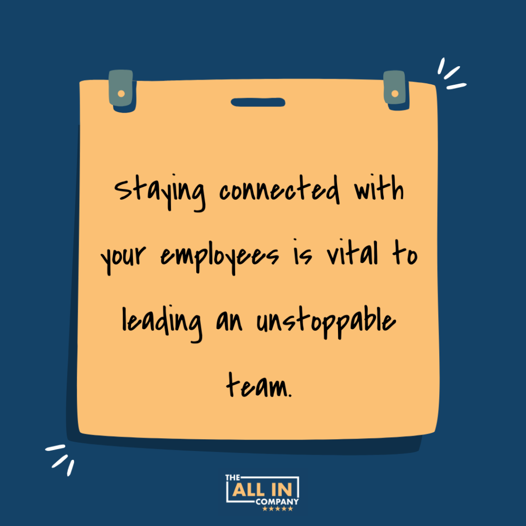 Illustration of a notepad with text emphasizing the importance of maintaining connections with employees to lead an effective team.