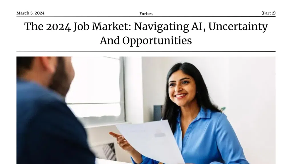 A professional job interview in progress with a female candidate smiling at the interviewer.