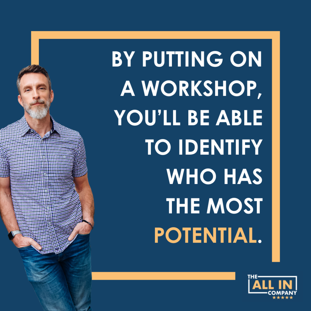 Professional workshop promotion featuring a confident man with an inspirational quote about identifying potential.
