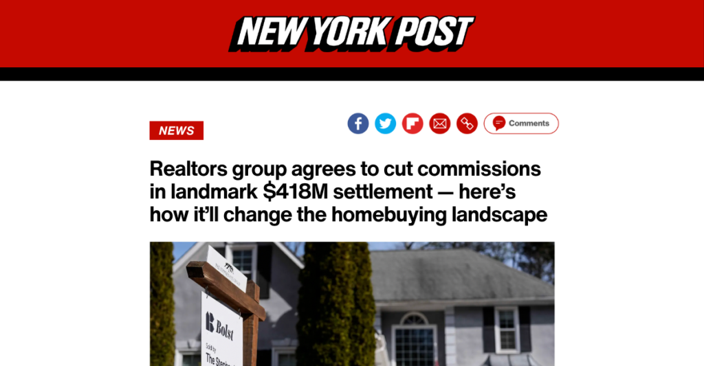 Headline from the new york post regarding a $418m settlement and its impact on the homebuying landscape.