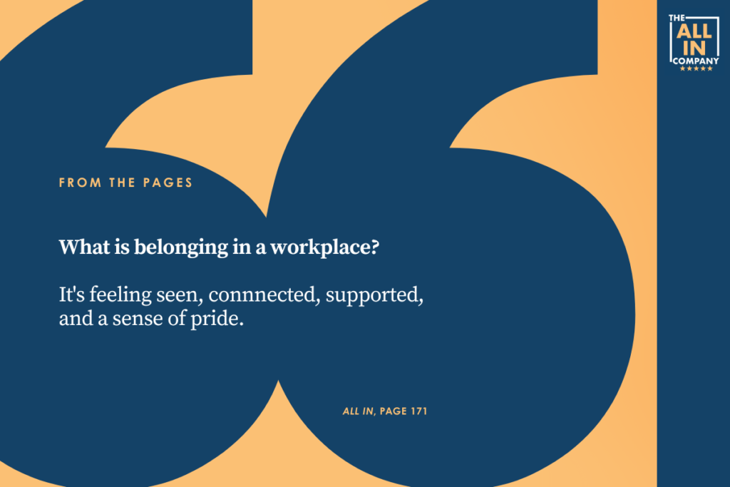 Abstract blue and gold design with a text excerpt about belonging in the workplace.