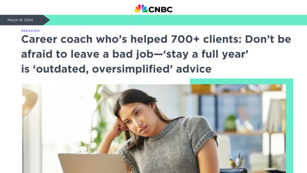 Woman appearing contemplative while reading her laptop screen, with a cnbc article headline discussing career advice in the background.
