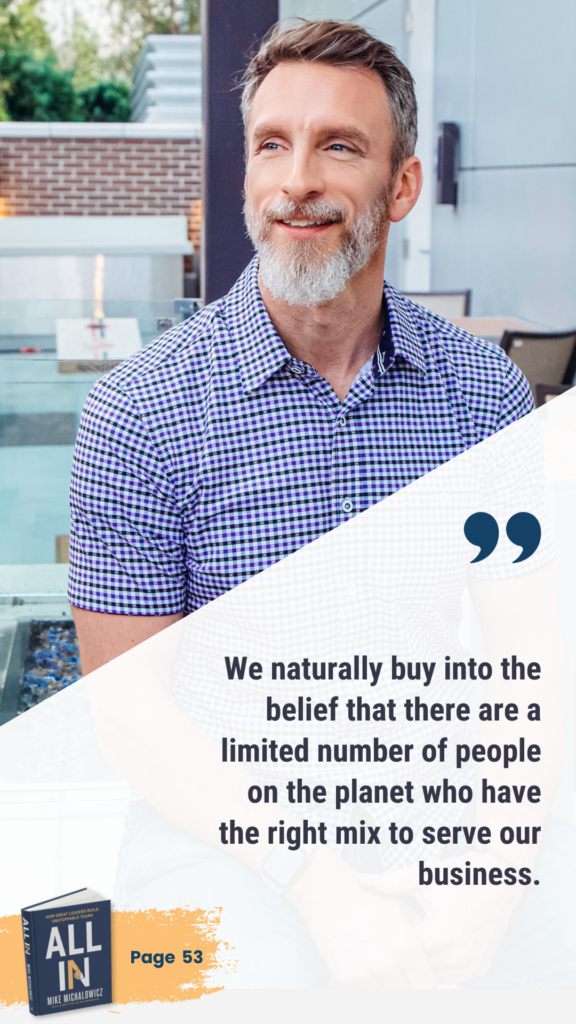 Man smiling while looking away, with an inspirational quote overlay about business and service, on a promotional graphic for "all in.