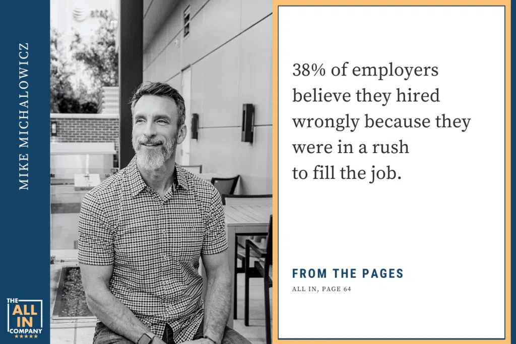 Man sitting casually at a table with a quote from a book about hiring practices on the right side of the image.