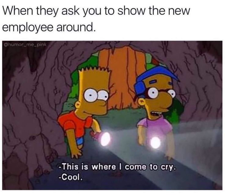 Two animated characters from "the simpsons" with flashlights in a dark place, one character stating it's their spot for crying, humorously depicting an awkward moment while introducing a new employee.