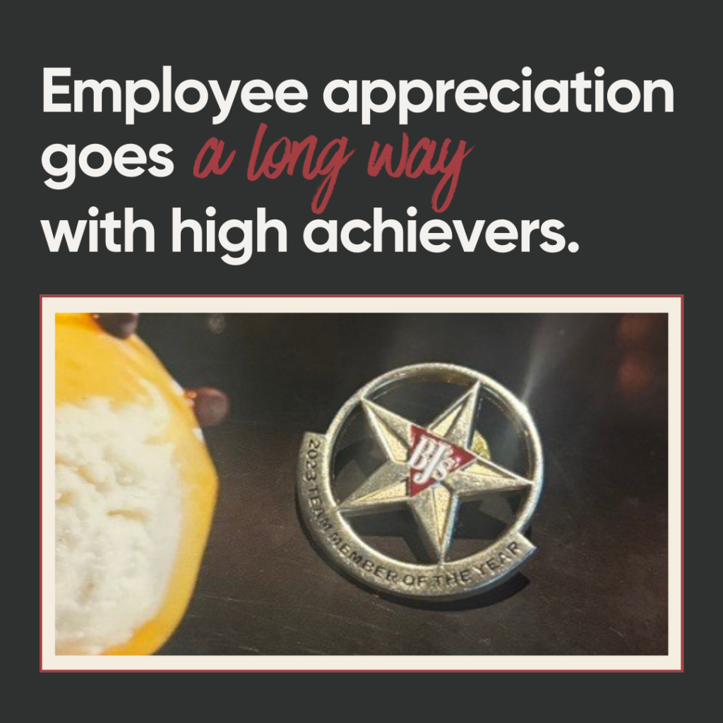 A motivational poster highlighting the importance of employee recognition, featuring an 'employee of the year' trophy.
