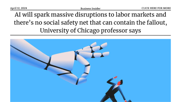 Graphic illustration of a large robotic hand dropping a small human figure, set against a blue background with text above describing a university professor's view on ai and social safety nets.
