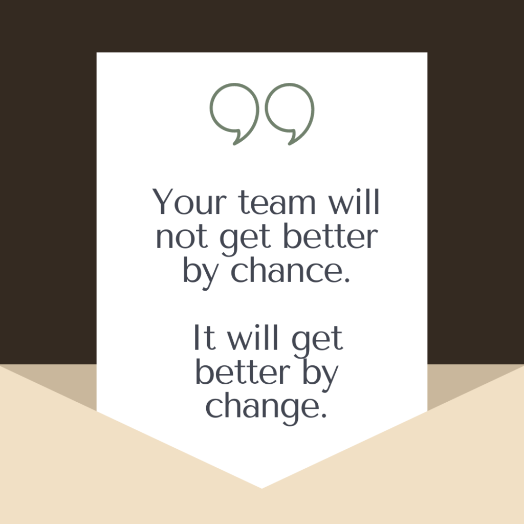 Sign with quote: "your team will not get better by chance. it will get better by change," against a two-tone background.