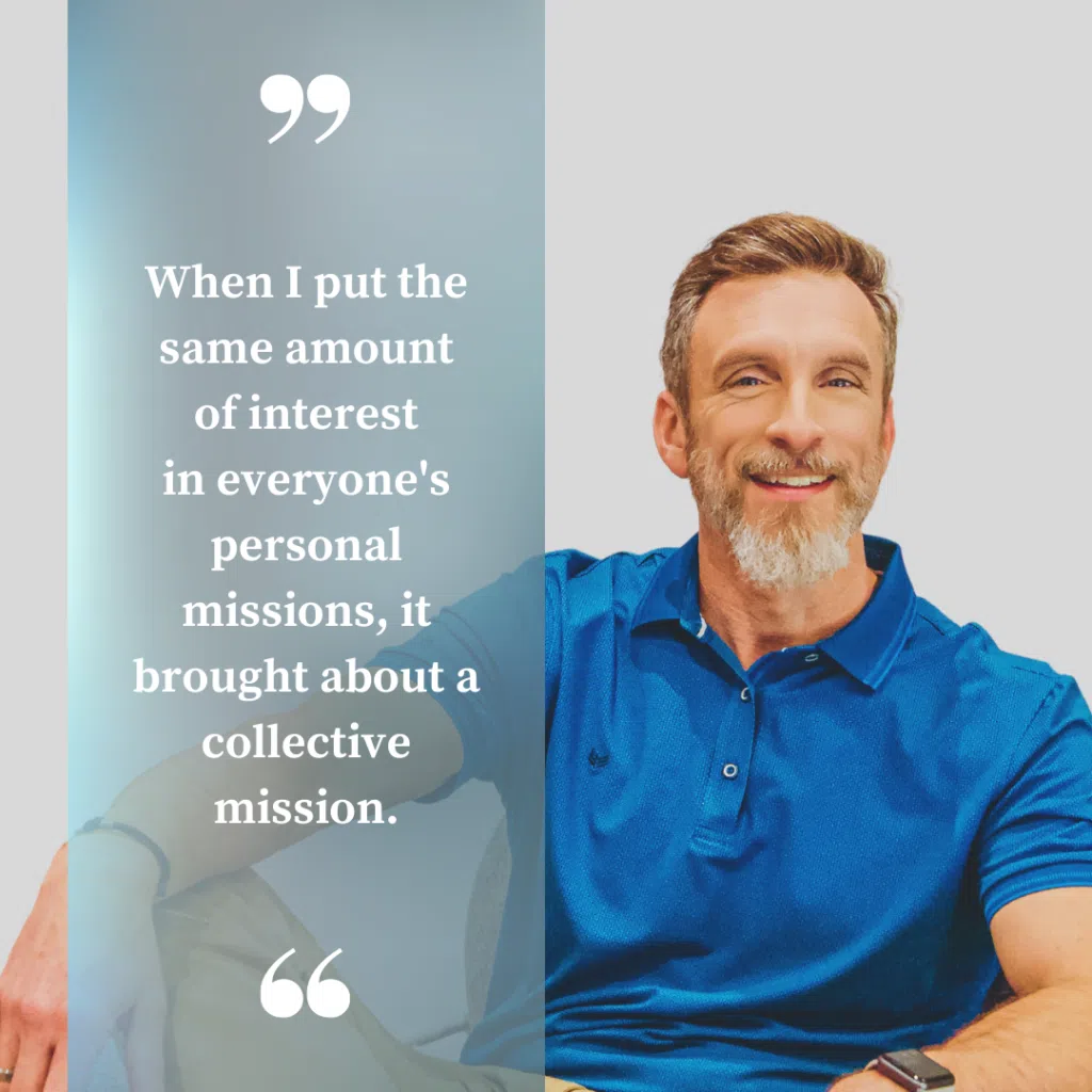 Confident man sitting casually, with an inspirational quote about teamwork and collective ambition.