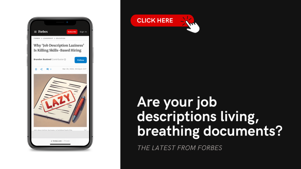 Smartphone displaying an article about job descriptions impacting skill-based hiring, with an advertisement asking if your job descriptions are breathing documents.