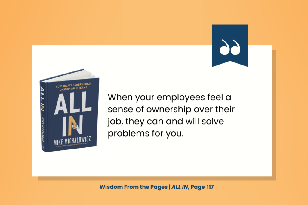 A quote from the book "all in" by mike michalowicz on employee ownership and problem-solving, presented on an orange background with a decorative element.