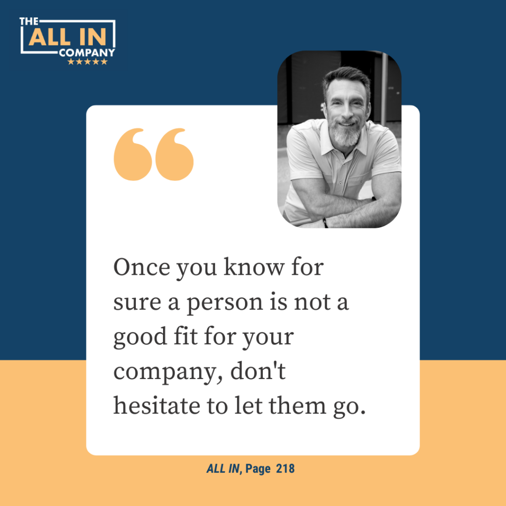 A quote about employee fit from the book "the all in company," accompanied by a picture of a smiling man with a beard.