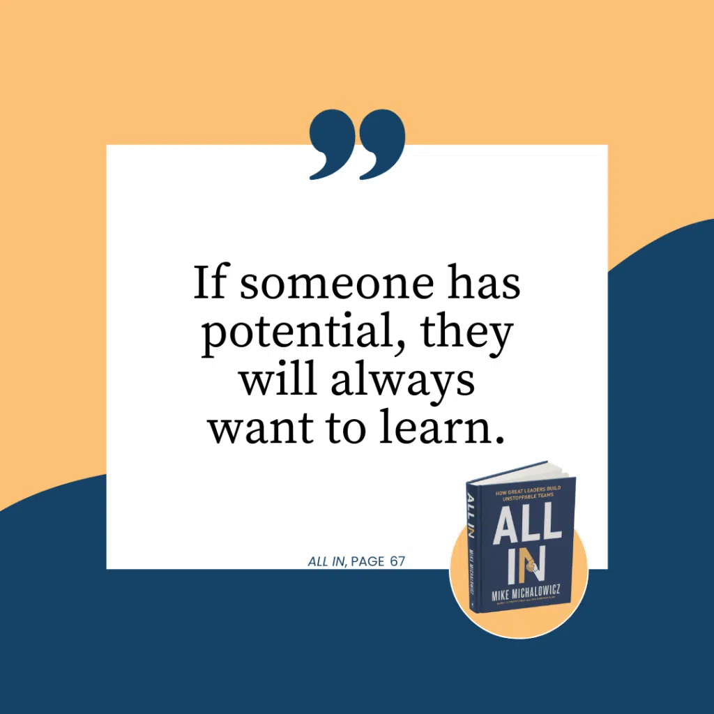 Inspirational quote on learning from the book "all in" by mike michalowicz, accompanied by an image of the book cover.