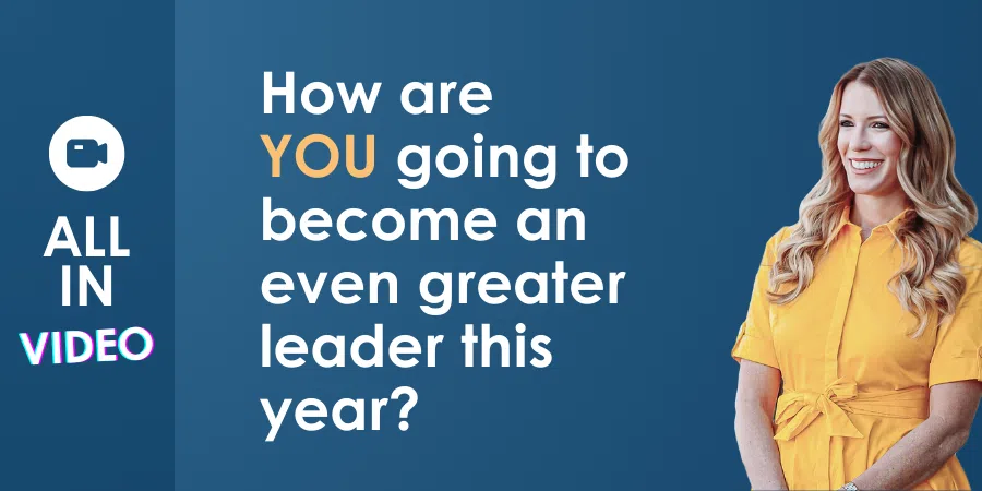 Businesswoman next to a motivational question about leadership, with a logo indicating video content.