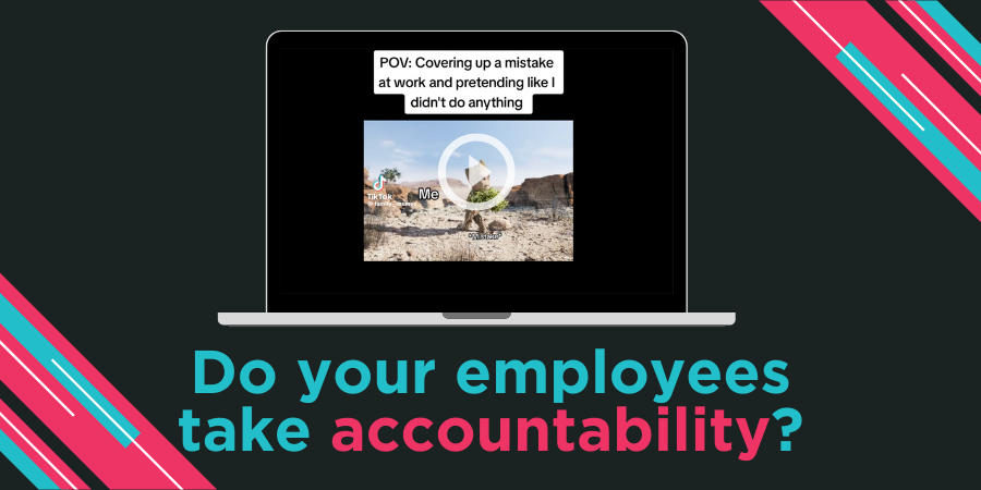 Laptop screen displaying a presentation slide about accountability with an image and text that metaphorically addresses covering up mistakes at work.