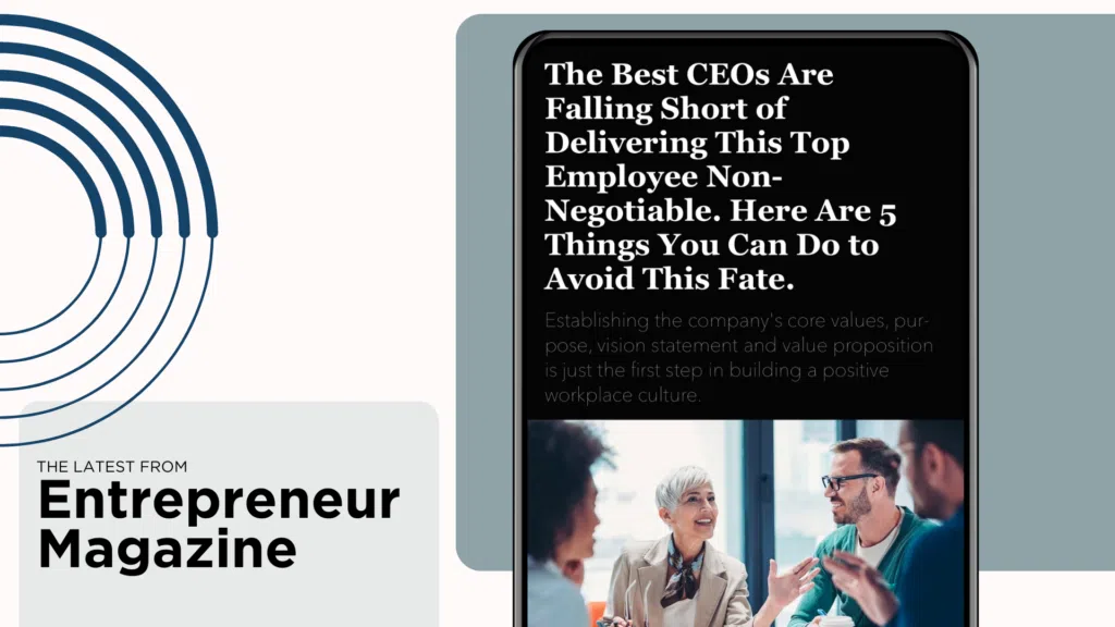 Digital tablet displaying an article about top qualities of the best ceos, with a side image of two professionals engaged in a discussion.