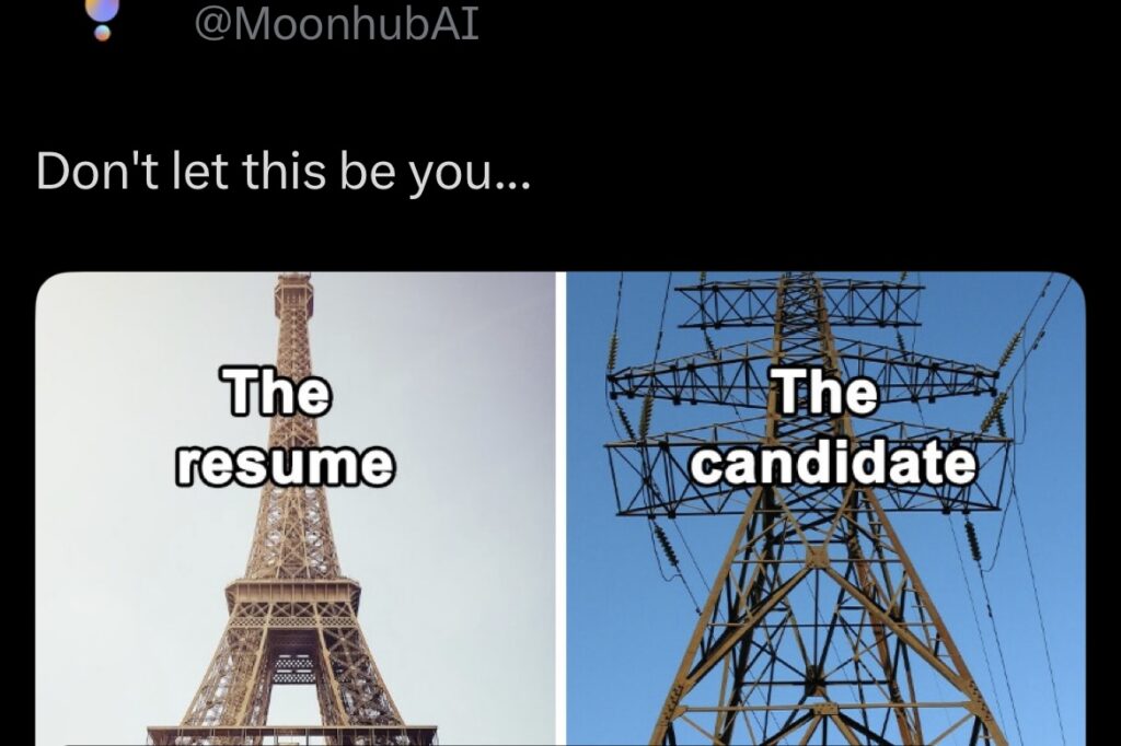 Image split in two: on the left, the eiffel tower labeled "the resume". on the right, an electric pylon labeled "the candidate". text above reads: “don't let this be you…”.