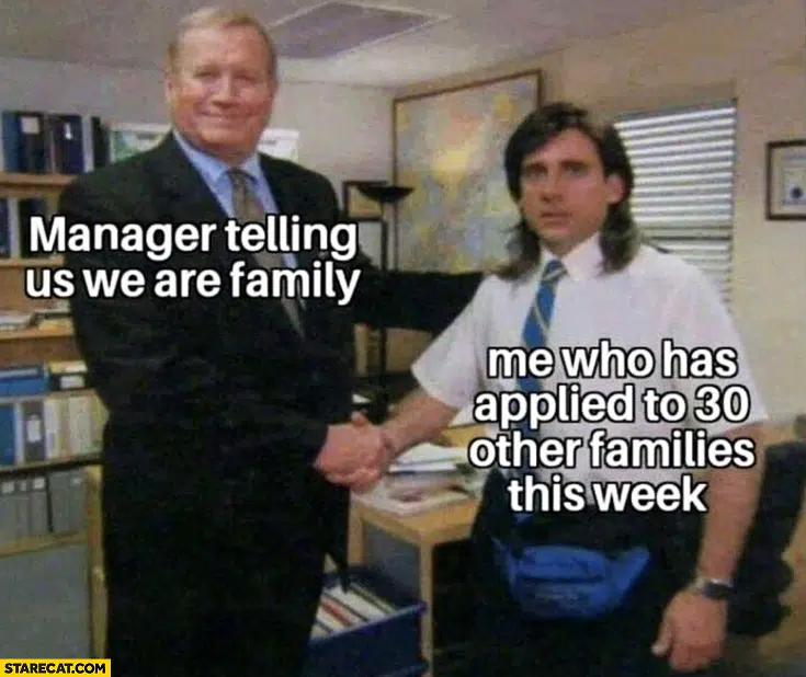 Two men shaking hands in an office setting with satirical captions about job searching and workplace culture.