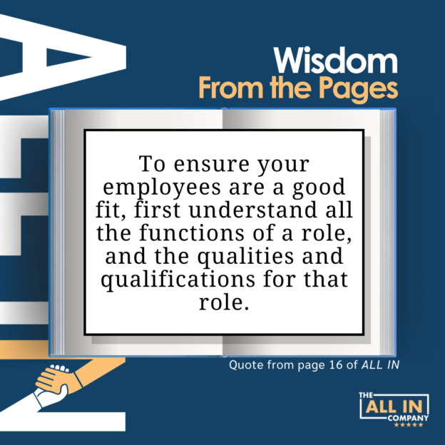 Graphic with a quote about ensuring employee suitability by understanding a role's duties and qualifications, attributed to "the all in company," page 16.