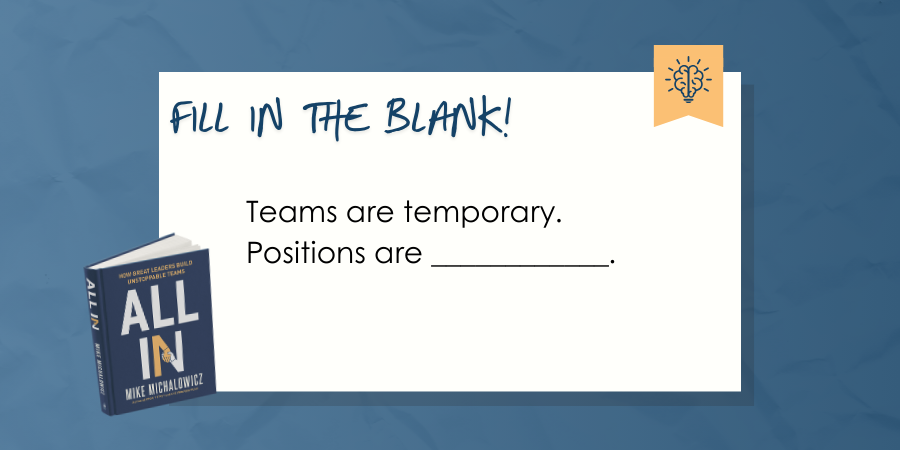 A fill-in-the-blank prompt reads, "Teams are temporary. Positions are _________." The book "All In" by Mike Michalowicz appears on the left.