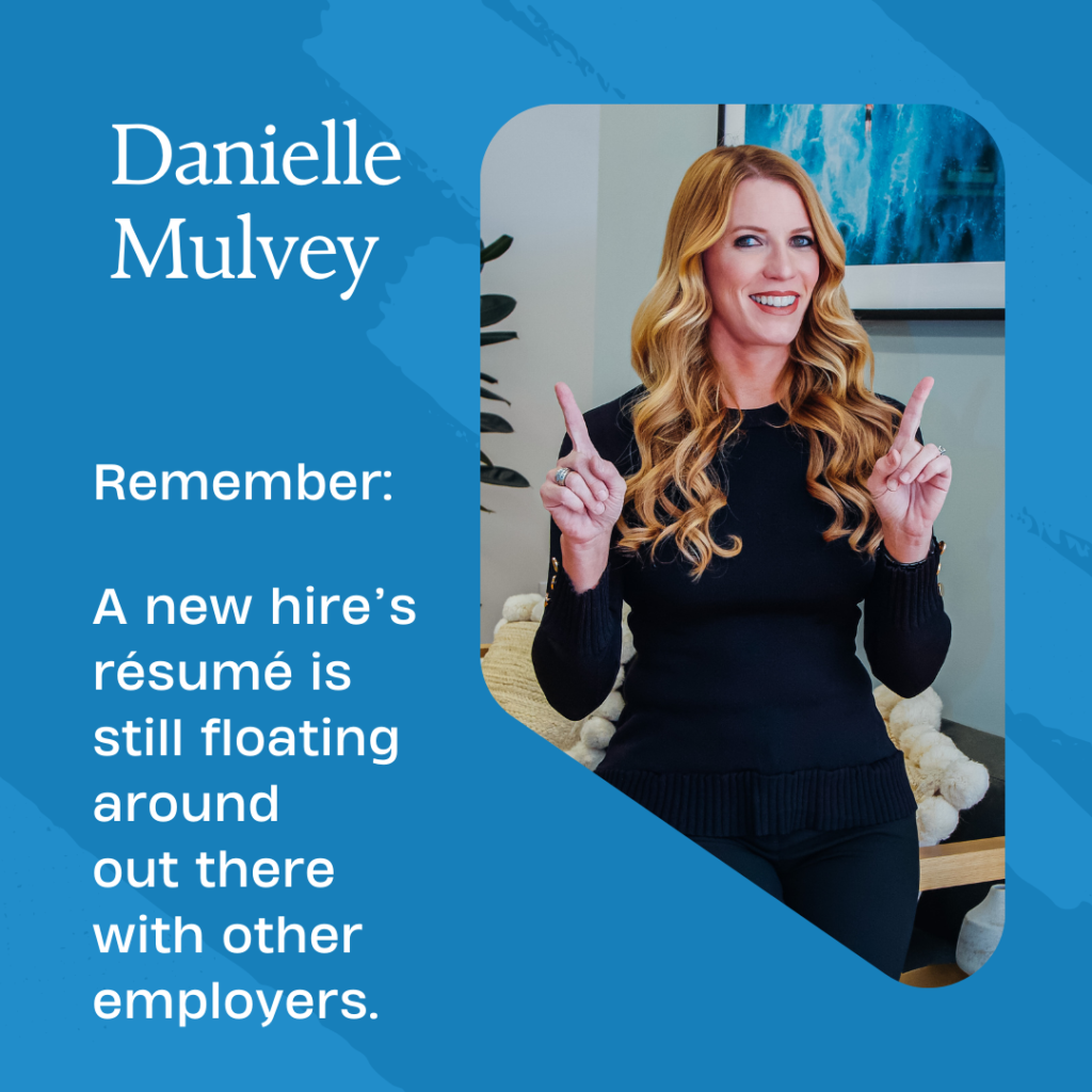 A woman with long, wavy blonde hair wearing a black top points upward with both index fingers. The text reads: "Remember: A new hire’s résumé is still floating around out there with other employers.