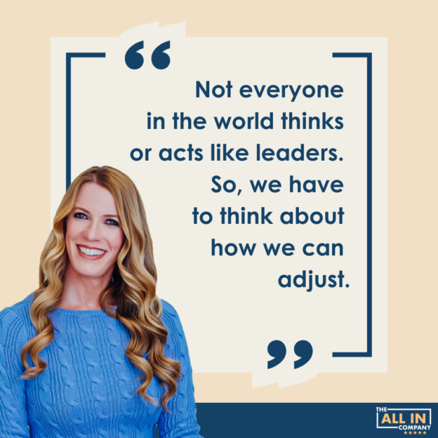 Smiling woman with long blonde hair in blue sweater, next to a quote about leadership and adapting, on a blue and white background.