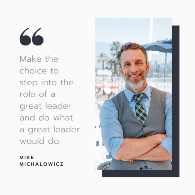 Professional man in a vest and tie smiling, with a quote about leadership by mike michalowicz, and a blurred background of palm trees.