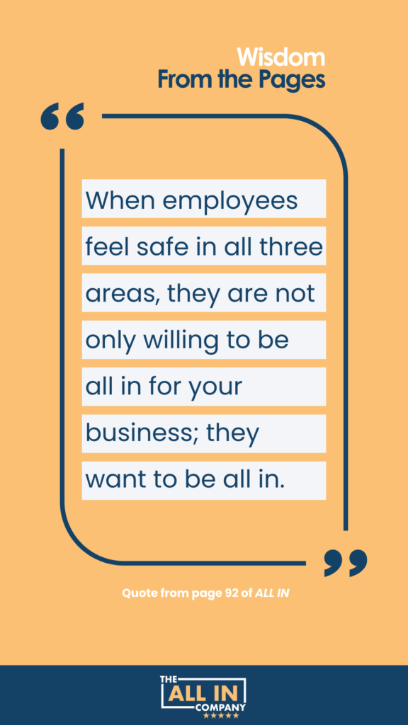 A quote on a yellow background reads, "When employees feel safe in all three areas, they are not only willing to be all in for your business; they want to be all in." Text at bottom attributes the quote to "The ALL IN Company.