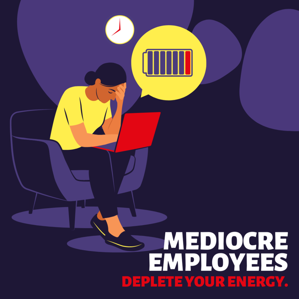 Illustration of a tired woman sitting at a desk with a laptop, with thought bubbles showing a clock and a low battery icon, and text reading "mediocre employees deplete your energy.