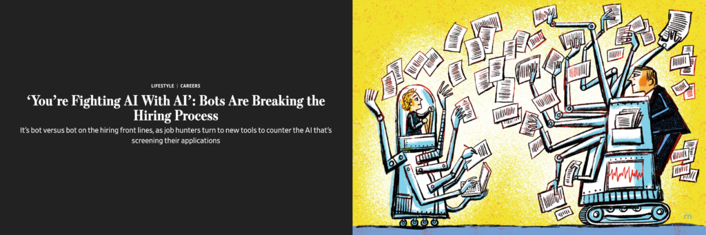 Illustration of robots reviewing job applications, highlighting the use of AI in the hiring process, with the headline: "You're Fighting AI With AI: Bots Are Breaking the Hiring Process.