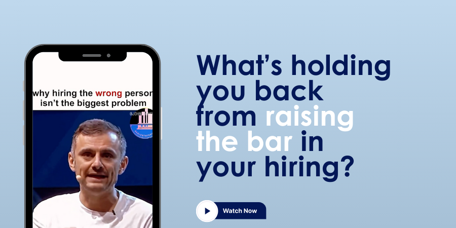 A smartphone screen shows a person speaking about hiring issues next to text that reads, "What's holding you back from raising the bar in your hiring?" and a "Watch Now" button below.