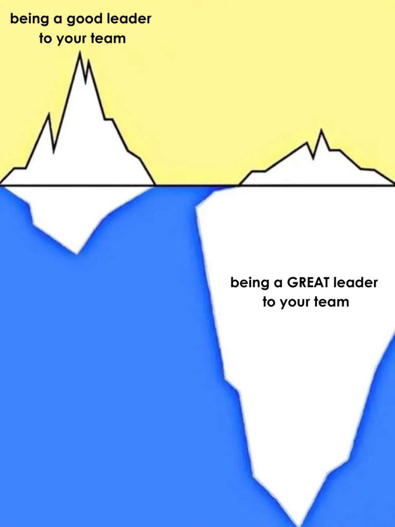 Image of two icebergs, one larger underwater labeled "being a GREAT leader to your team" and one smaller above water labeled "being a good leader to your team.