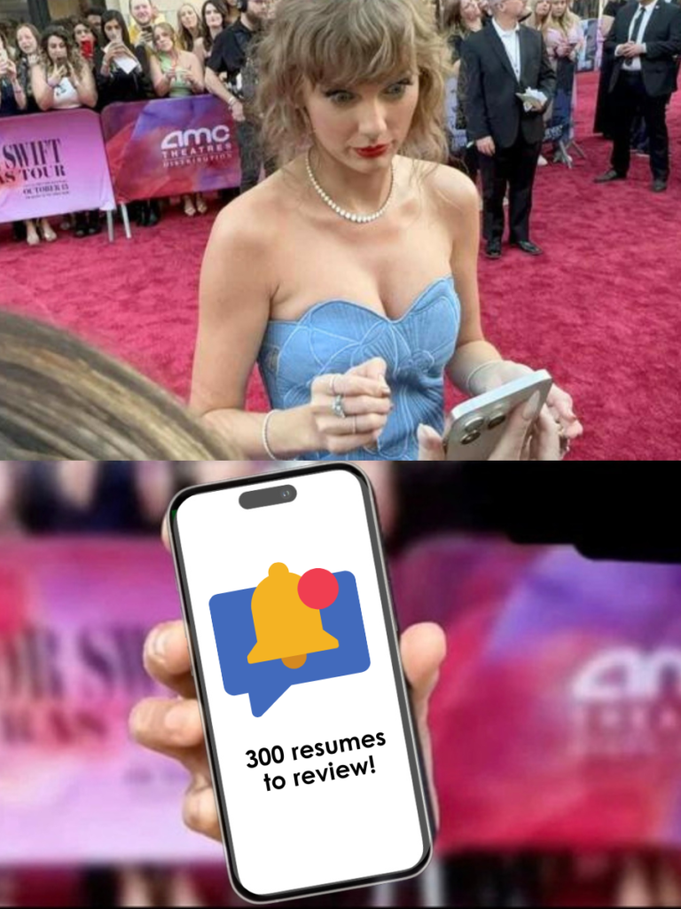 A person in a blue dress on a red carpet holds a smartphone. Below, a close-up shows the phone's screen with a notification reading "300 resumes to review!" and an AMC Theatres banner in the background.