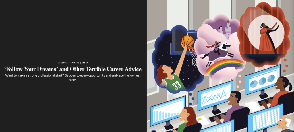 Illustration split into two themes: the right side features whimsical careers like basketball, singing, and castle living, while the left side depicts a realistic office environment.