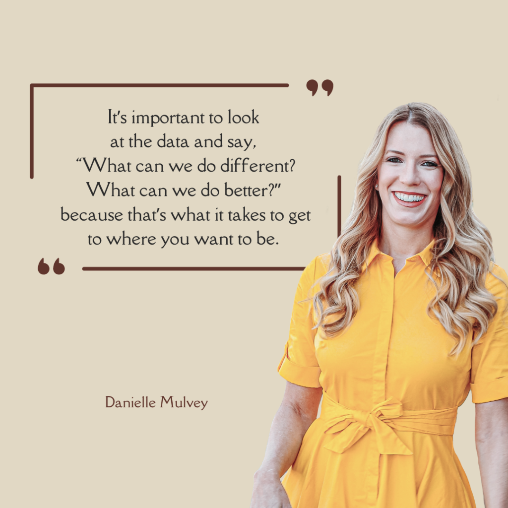 Woman in a yellow dress stands smiling next to a quote about using data to improve oneself, attributed to Danielle Mulvey.