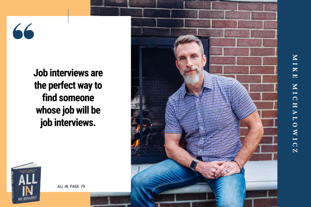 An individual seated on a bench is next to a quote about job interviews displayed on a white background. A book titled "All In" is shown at the bottom left.