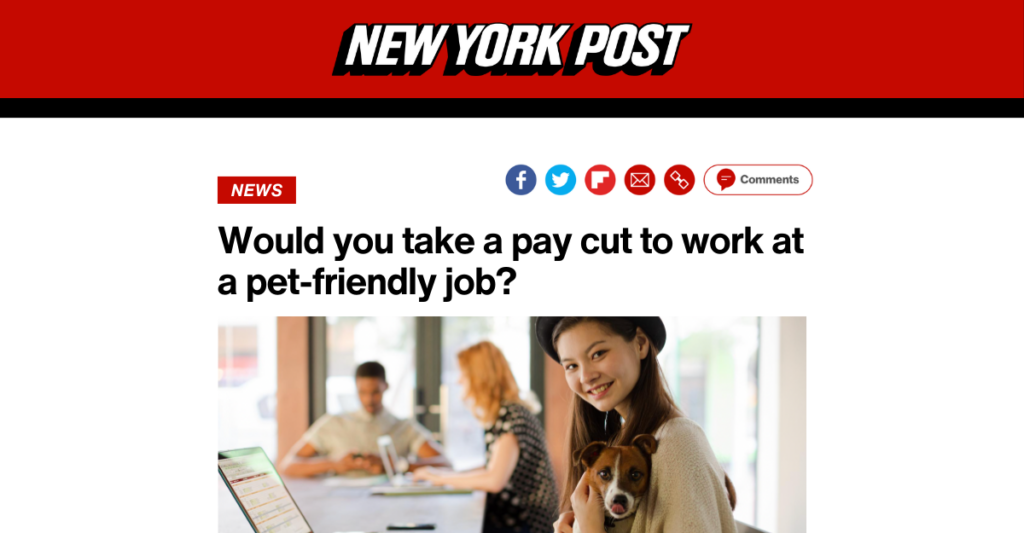 A New York Post article headline asks, "Would you take a pay cut to work at a pet-friendly job?" Above this text, a woman is sitting with a dog in her lap, and people are working in the background.