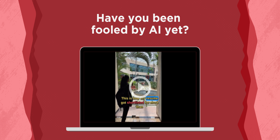 A laptop displays a paused video with the text, "Have you been fooled by AI yet?" Above the video, it states, "This is how my resume got shortlisted for more than," with the rest cut off.