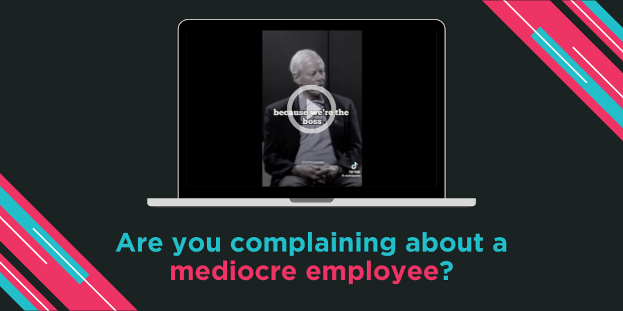 A laptop screen displays an image of a man with white hair, text overlay reads "because you're the boss." Below the laptop, text asks, "Are you complaining about a mediocre employee?.