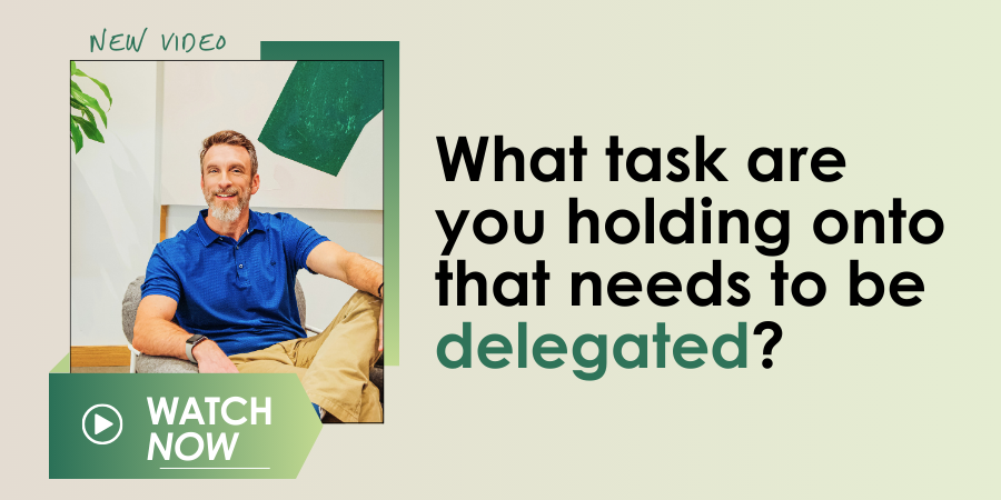 A man sitting on a chair is featured in an advertisement with the text, "What task are you holding onto that needs to be delegated?" and a "Watch Now" button.