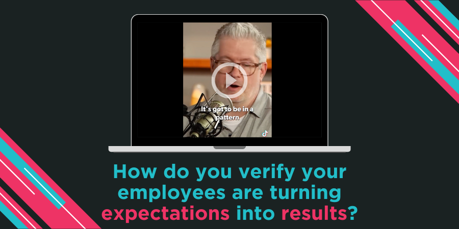 A laptop screen shows a video of a person speaking into a microphone. The text below reads, "How do you verify your employees are turning expectations into results?.
