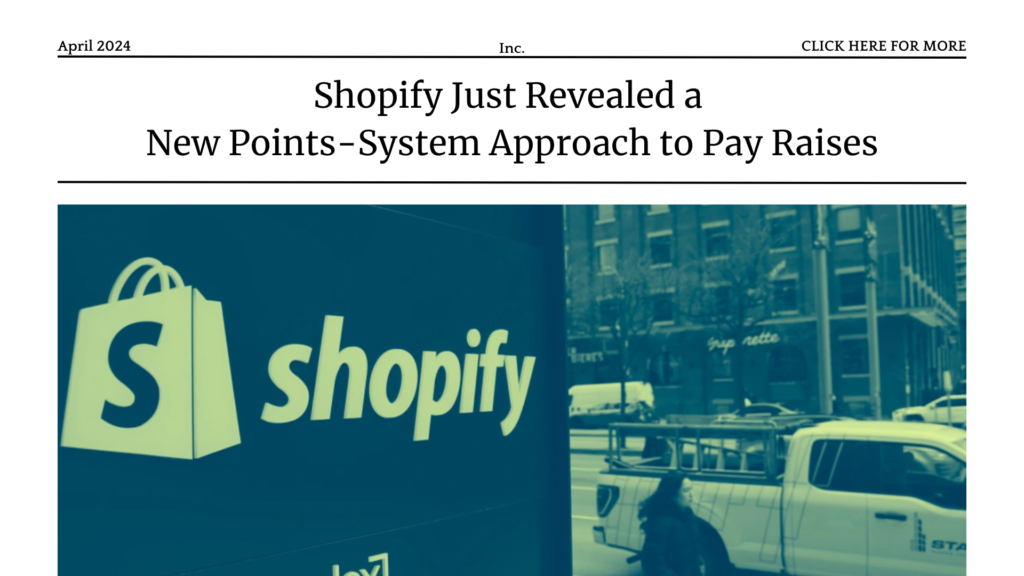 A Shopify sign and buildings in the background. Text at the top reads, "Shopify Just Revealed a New Points-System Approach to Pay Raises.