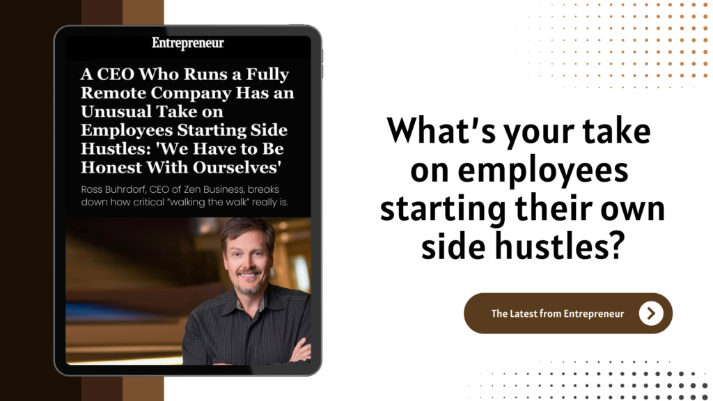 Image displaying a tablet with a magazine cover featuring a CEO discussing employees starting side hustles. Text on the right asks for opinions on side hustles with a button labeled "The Latest from Entrepreneur.